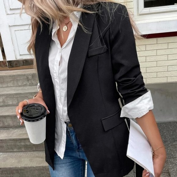 Black D-ring Side Wrap Shawl Collar Blazer contemporary Office Chic - Picture 2 of 6